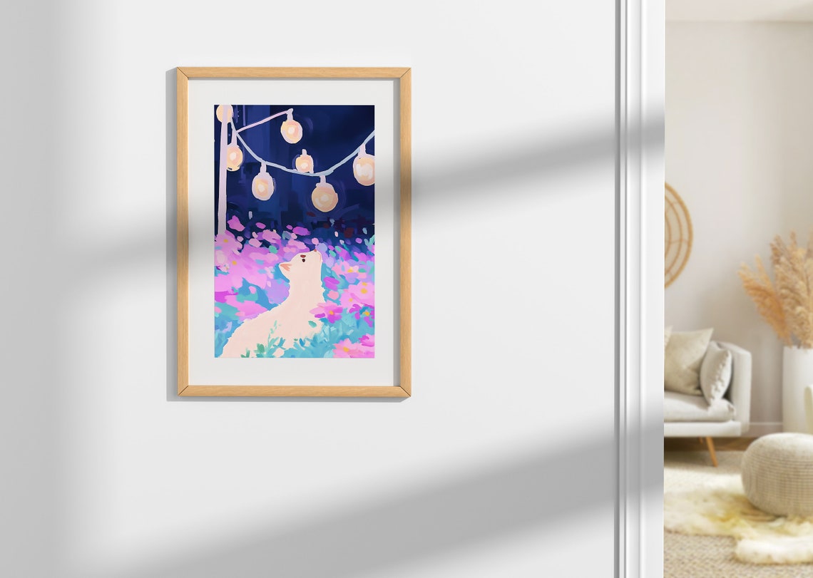 White Cat Among Flowers String Lights Starry Night Wall Art Print - Image 2