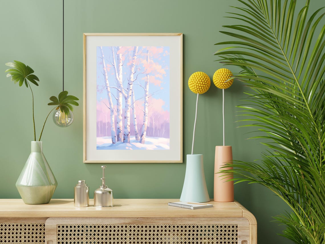 White Birch Trees In Winter Snow Under Pastel Pink Sky Art Poster - Image 4