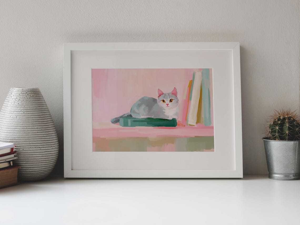 Gray Cat Sleeping On Green Book Cozy Library Cat Art Wall Print - Image 4