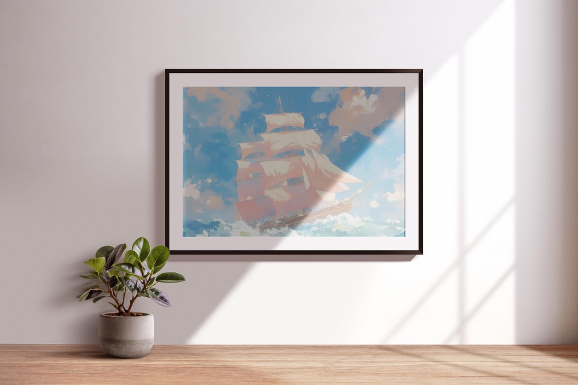 Tall Sailing Ship Full Pink Sails Turquoise Ocean Waves Art Poster - Image 3