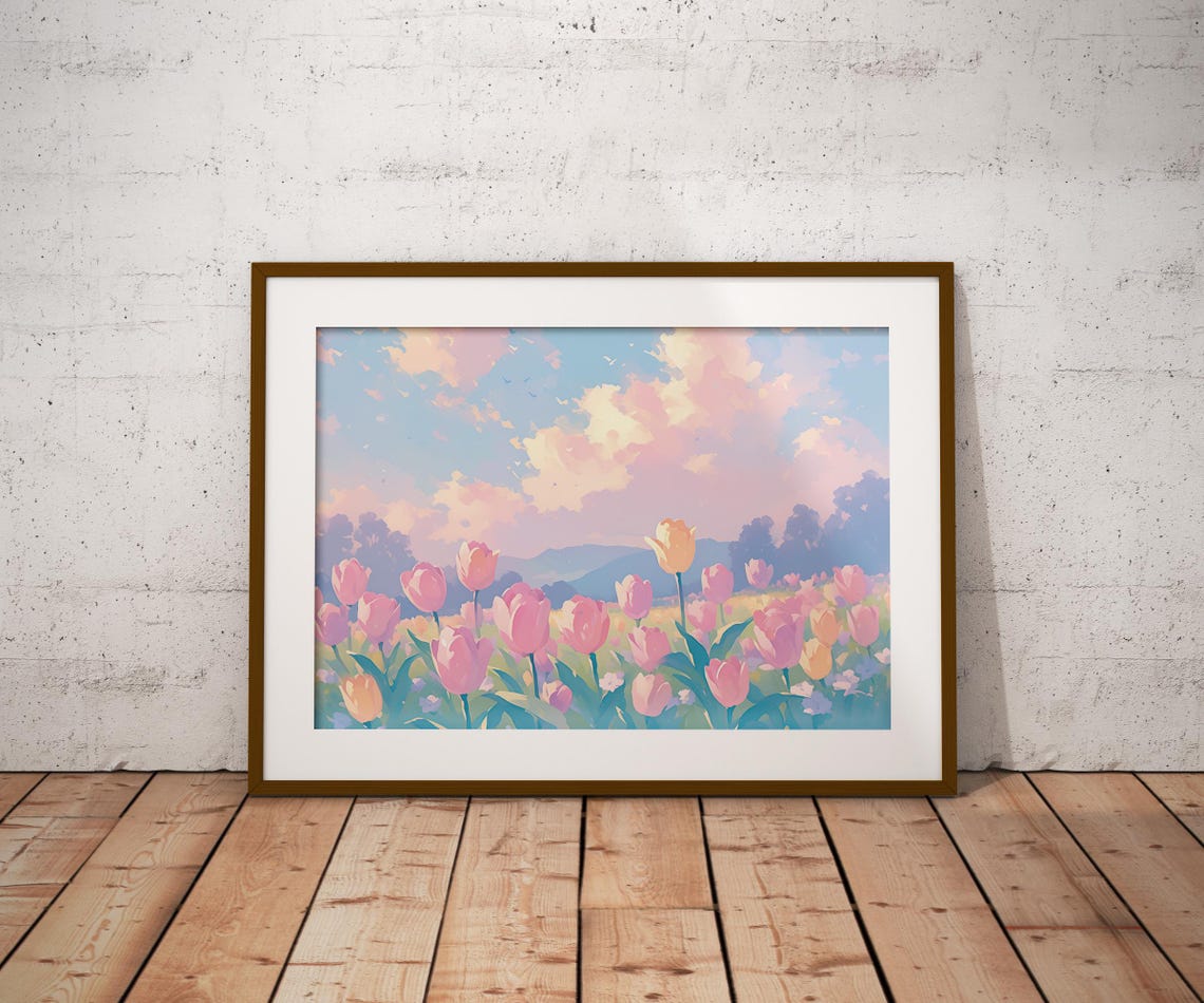 Field Of Pink Tulips Under Pastel Clouds Spring Bloom Art Poster - Image 2
