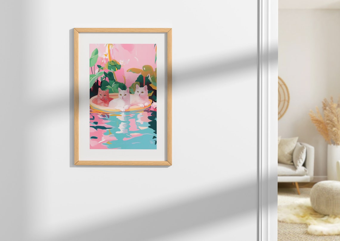 Three Cats in Yellow Boat Floating Tropical Playful Art Poster - Image 2
