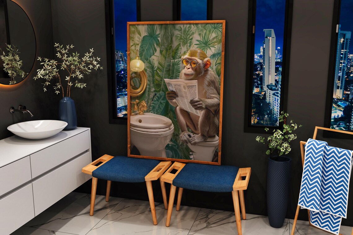 Monkey Reading Newspaper On Toilet, Funny Bathroom Decor - Image 4