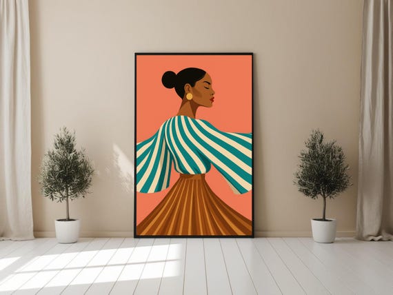 Bold Fashion Wall Art Of Woman In Teal Stripes