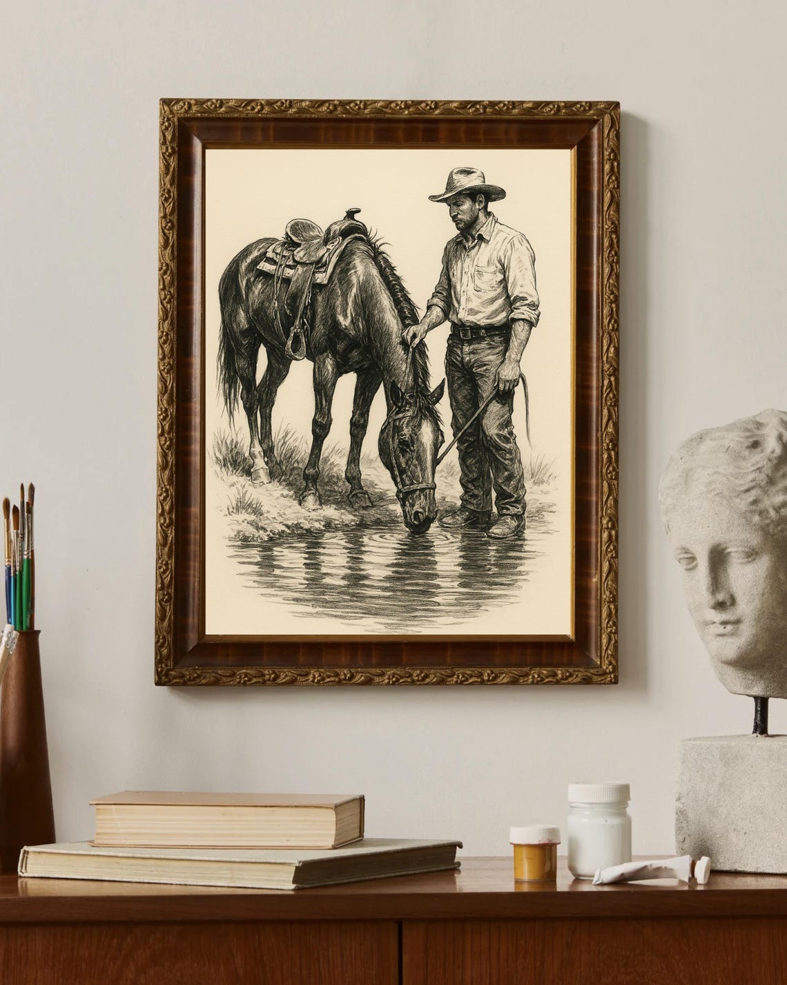 Western Cowboy And Horse At Water, Vintage Ranch Decor - Image 4