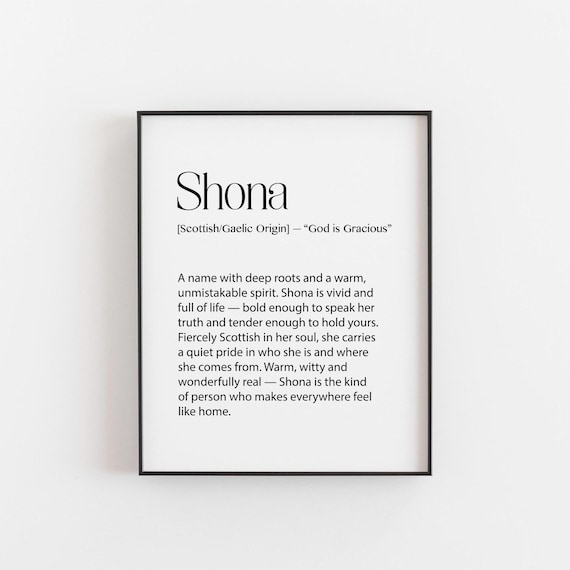 Shona Name Print Scottish Definition Gift Personalised Black White Wall Art Birthday For Her Monochrome