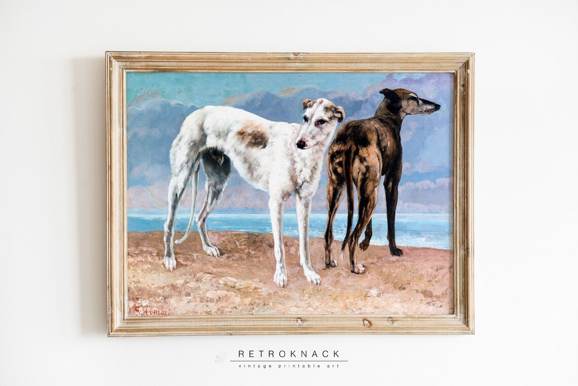 Antique French Greyhound Dogs on the Beach Vintage Oil Painting Print