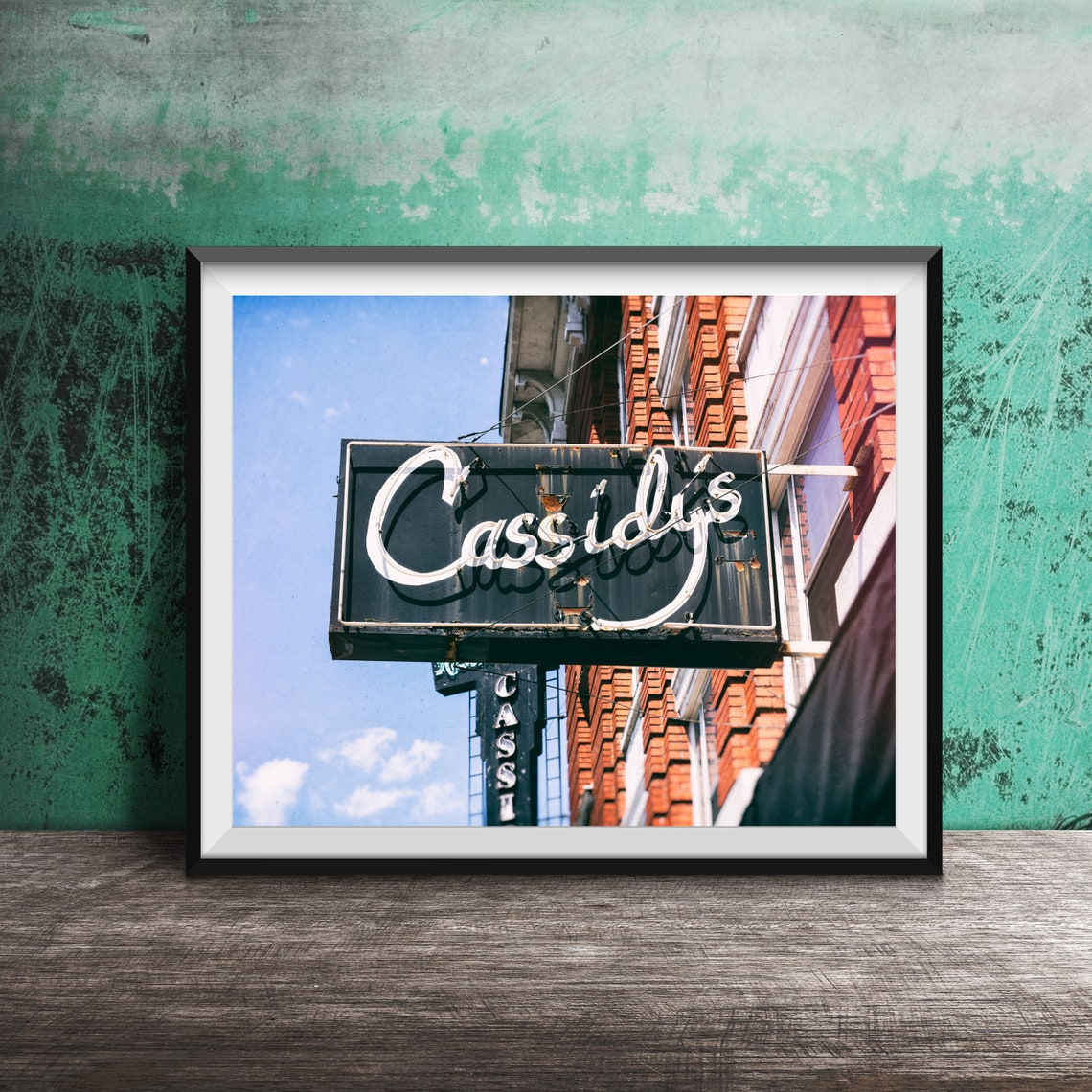 Cassidys Neon Sign Vintage Brick Building Photography Poster