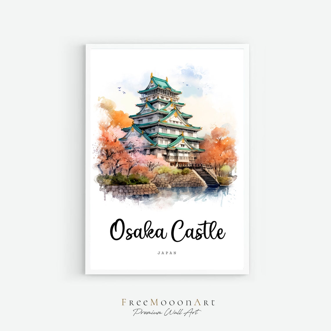 Osaka Castle Japan Spring Cherry Blossom Watercolor Travel Poster