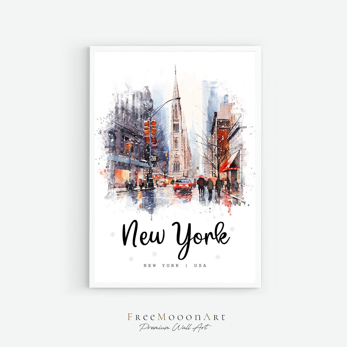 New York Winter Street Watercolor Church Steeple Travel Poster