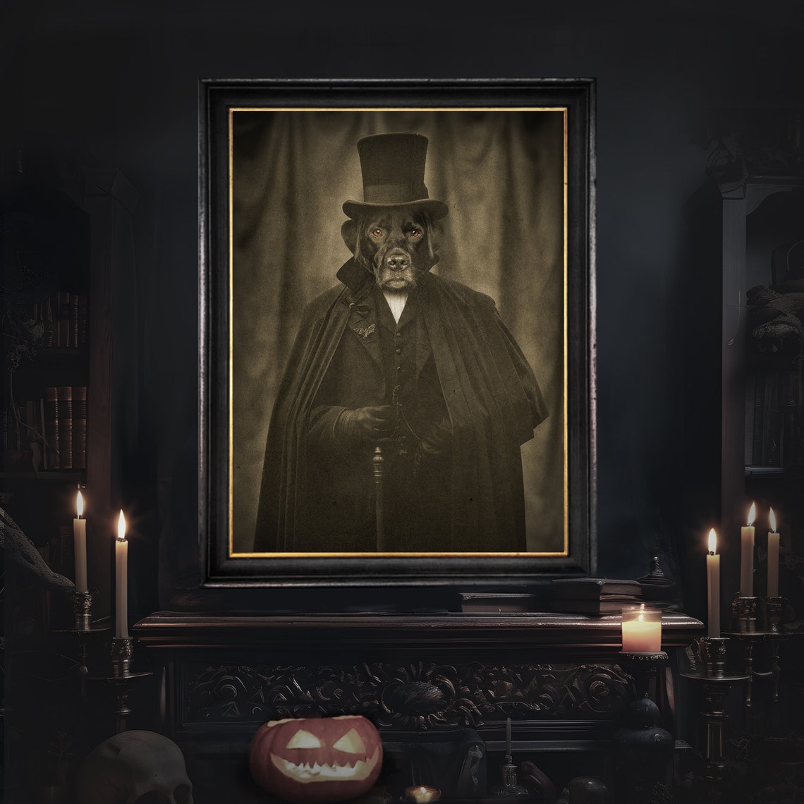 Vampire Tabby Cat in Top Hat Funny Halloween Pet Portrait Poster - Image 2