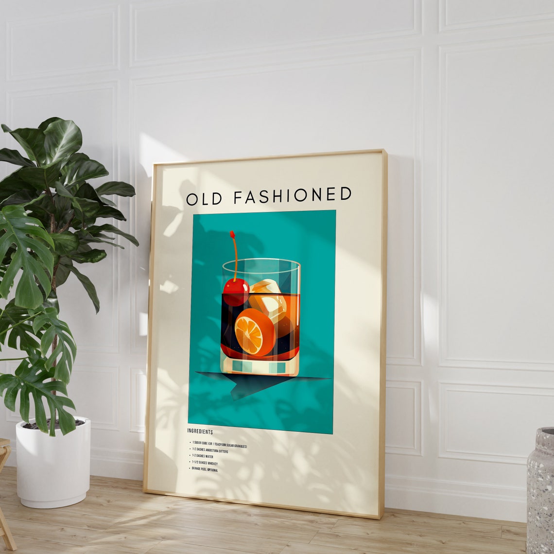 Old Fashioned Classic Cocktail Recipe Retro Teal Bar Decor Poster - Image 3