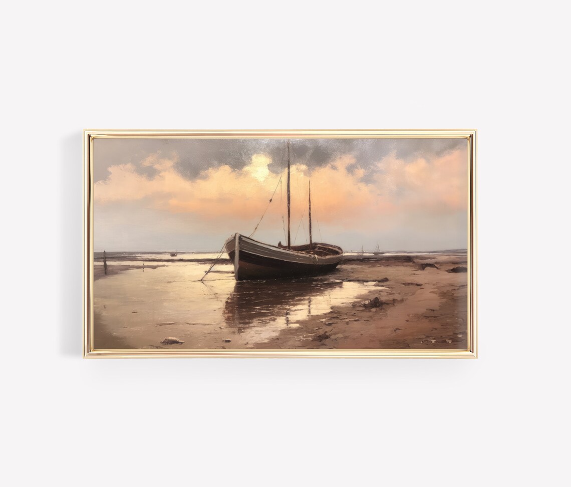 Beached Sailboat Sunset Golden Shore Vintage Coastal Painting Wall Art - Image 3