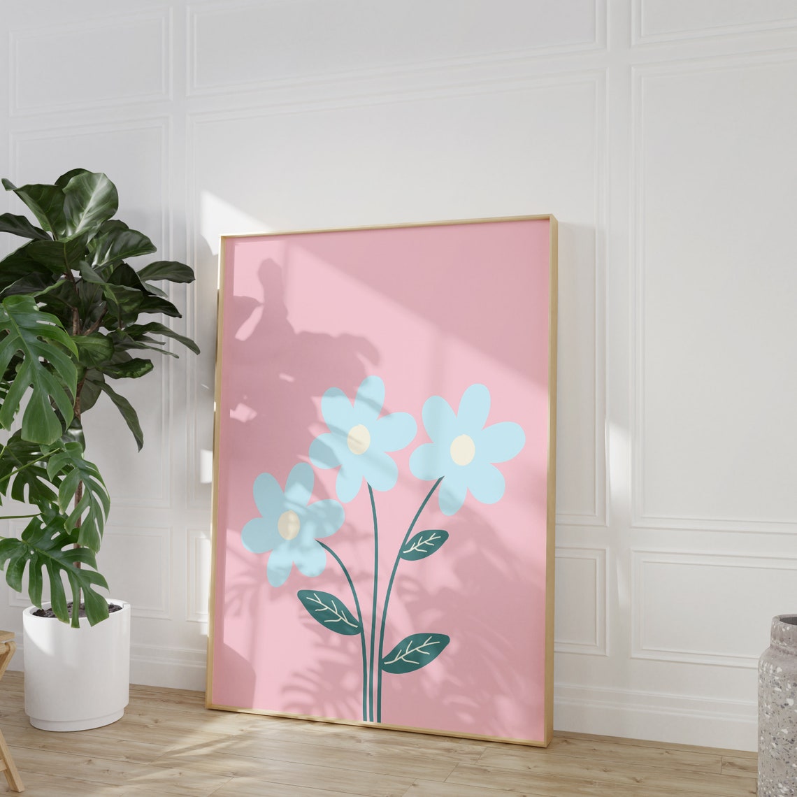 Pink Blue Daisy Trio Floral Botanical Minimalist Pastel Art Poster - Image 4
