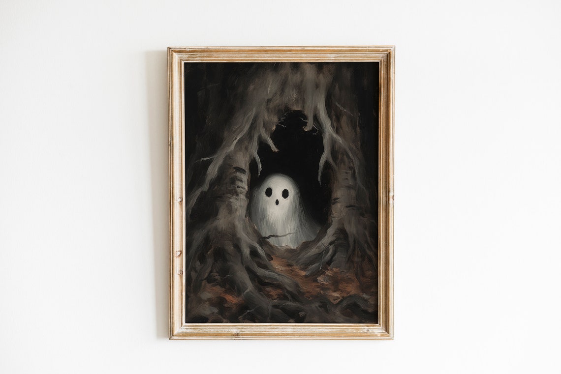 Cute Spooky Ghost Peeking from Hollow Tree Dark Halloween Poster - Image 2