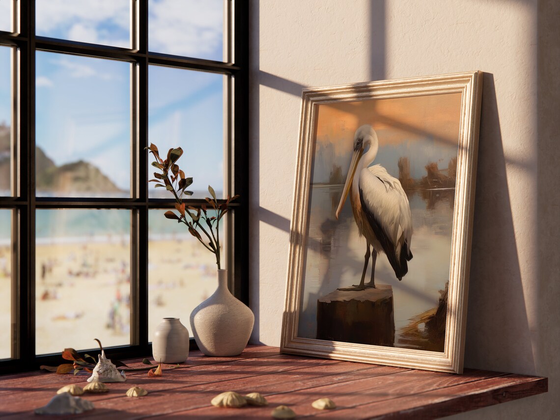 White Pelican on Wooden Piling Sunset Vintage Wildlife Painting Poster - Image 4