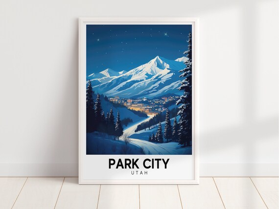 Park City Utah Moonlit Snowy Night Ski Resort Travel Art Poster