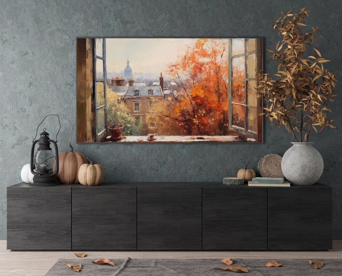 Paris Rooftops Autumn View Through Open Window Coffee Poster - Image 4