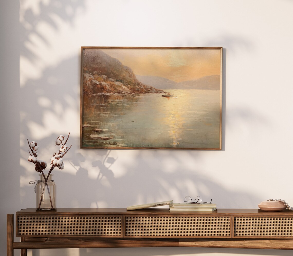 Serene Coastal Sunset Boat Calm Sea Vintage Oil Painting Poster - Image 3