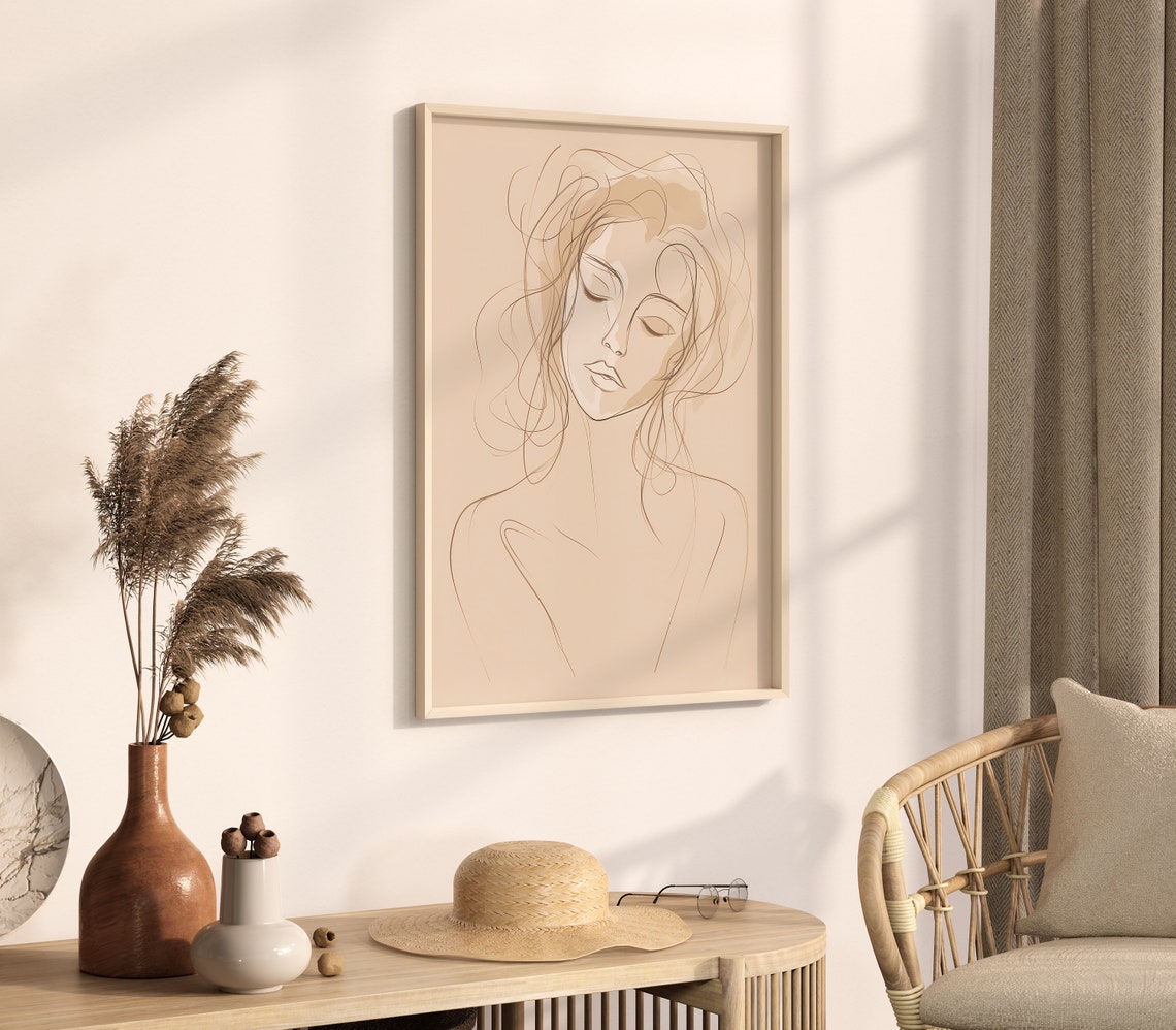 Line Art Woman Face Minimalist Beige Abstract Drawing Poster - Image 3