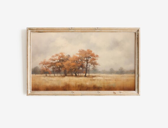 Rust Orange Trees in Misty Autumn Field Neutral Landscape Poster