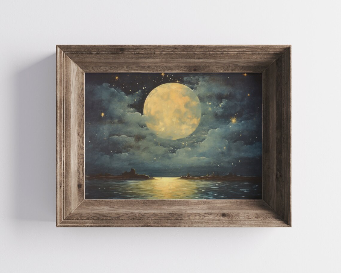 Full Moon Ocean Night Sky Stars Vintage Moonscape Painting Poster - Image 3