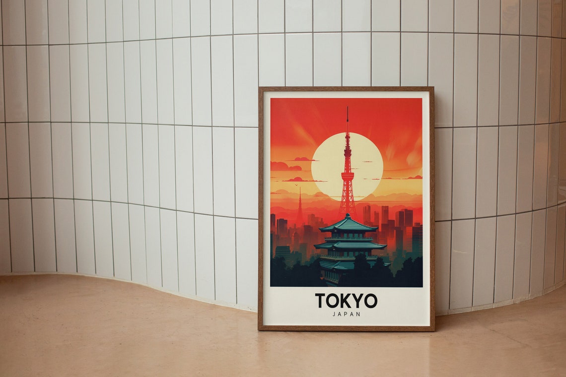 Tokyo Japan Tower Pagoda Sunset Sky Retro Travel Style Poster - Image 2