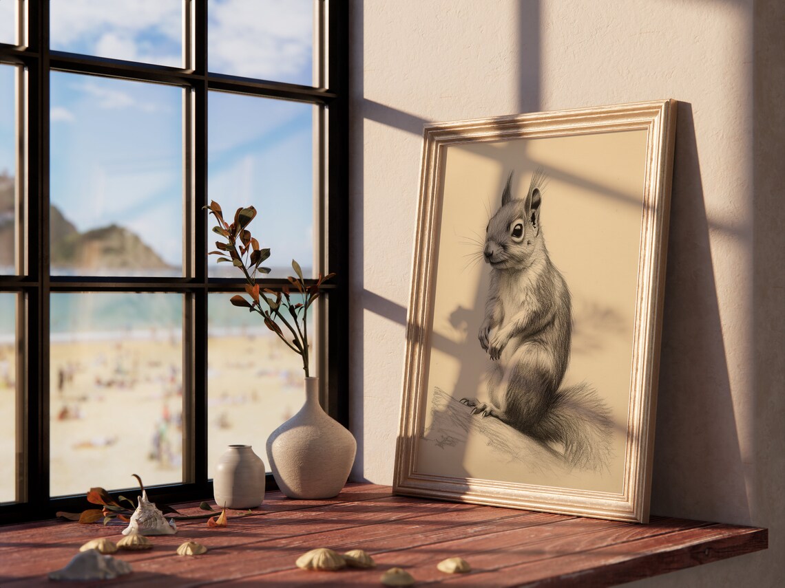 Vintage Squirrel Sepia Sketch Antique Woodland Animal Art Print - Image 4