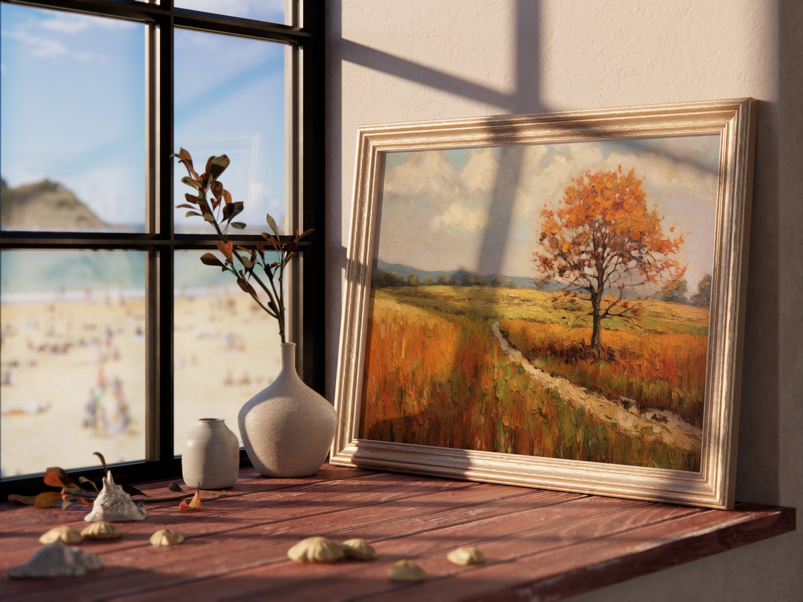 Rustic Autumn Field Lone Tree Winding Path Farmhouse Art Print - Image 4