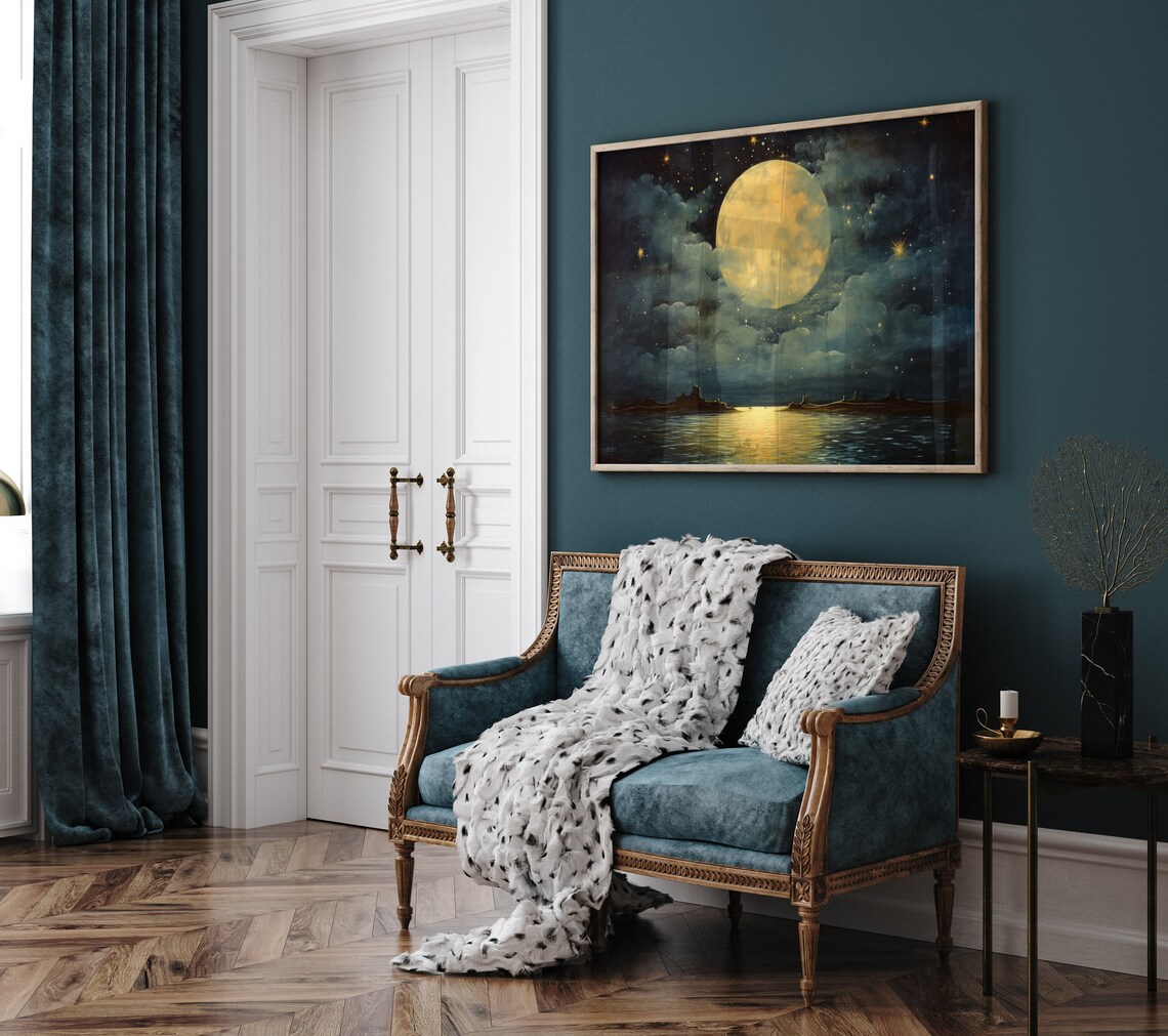 Full Moon Ocean Night Sky Stars Vintage Moonscape Painting Poster - Image 4