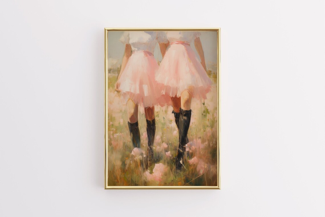 Two Cowgirls Pink Tutus Cowboy Boots Wildflower Field Western Poster - Image 2
