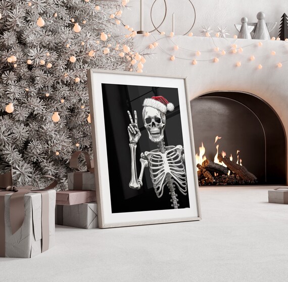 Skeleton Santa Hat Peace Sign Funny Gothic Christmas Art Poster
