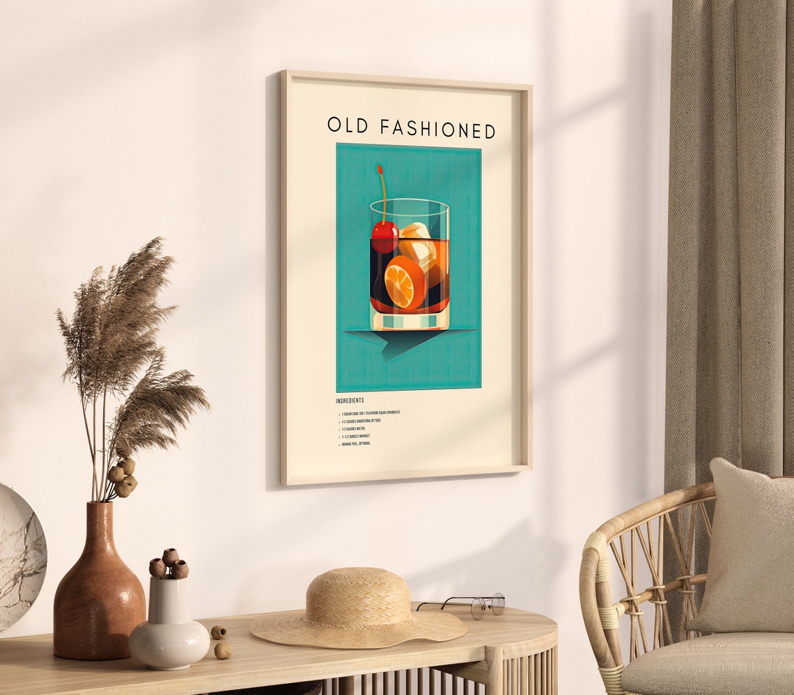 Old Fashioned Classic Cocktail Recipe Retro Teal Bar Decor Poster - Image 4