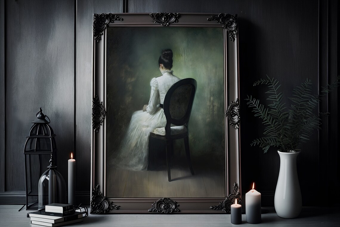 Lonely Woman White Dress Moody Dark Academia Oil Portrait Poster - Image 4