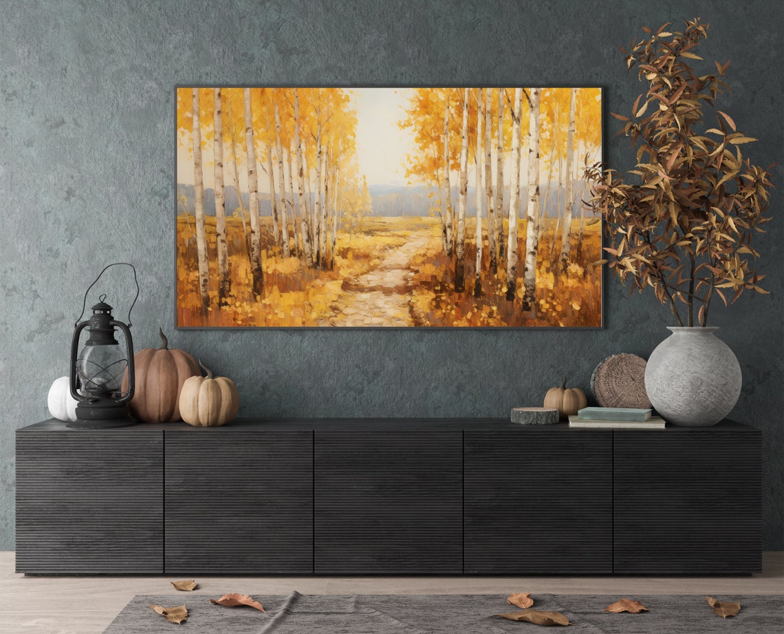 Sunlit Golden Birch Forest Path in Autumn Impressionist Poster - Image 3