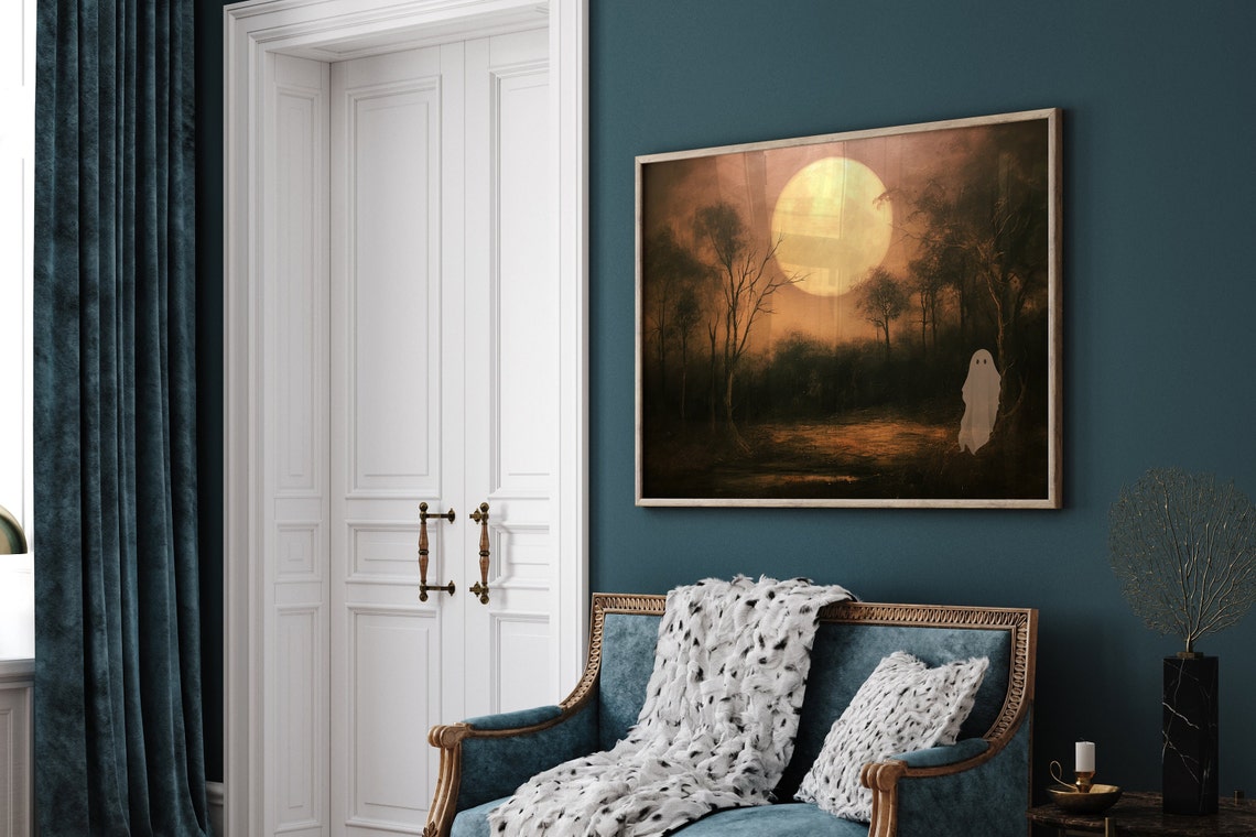 Spooky Full Moon Over Dark Forest with Tiny Ghost Halloween Poster - Image 3