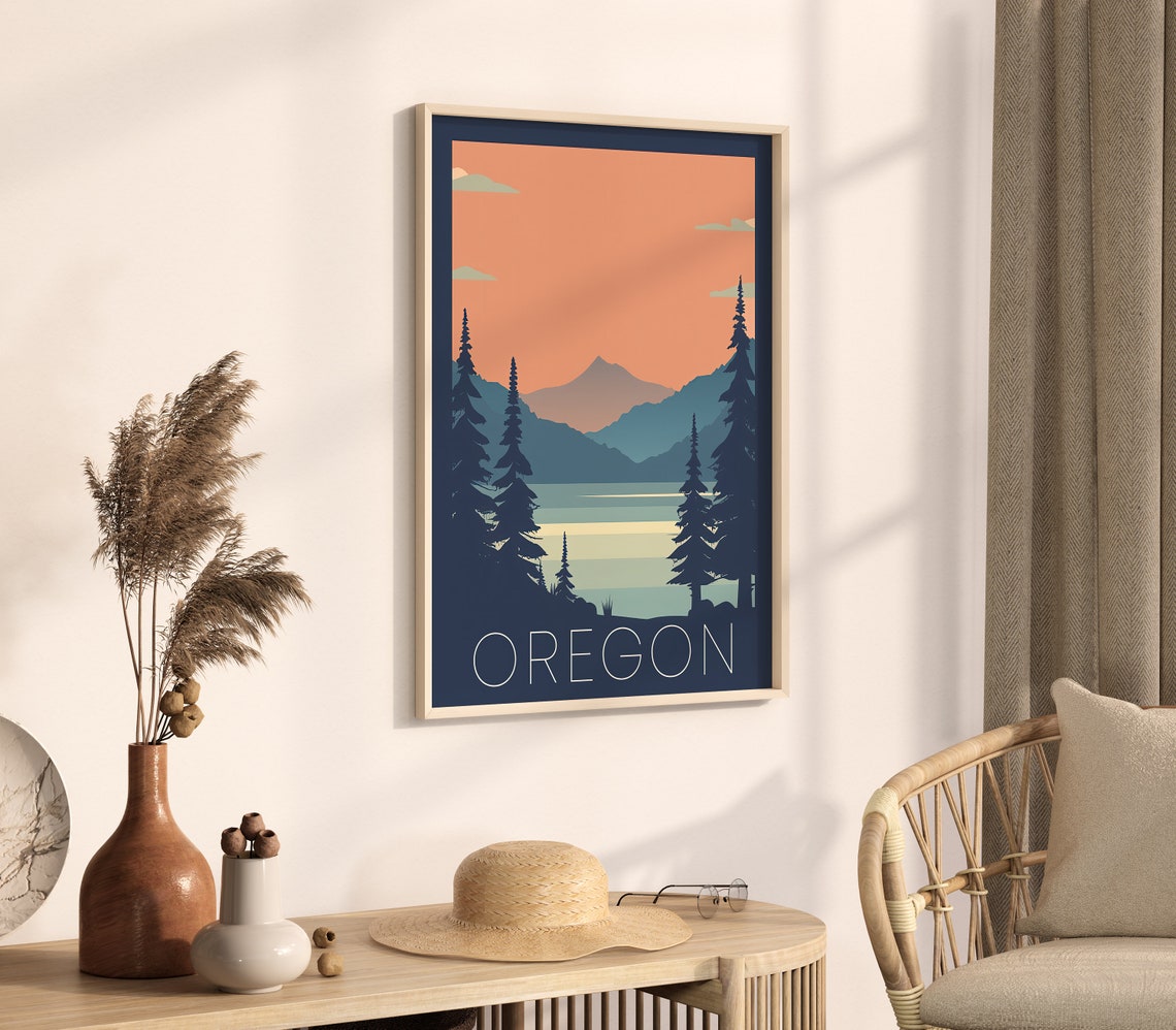 Oregon Retro Mountain Lake Evergreen Forest Sunset Travel Poster - Image 4