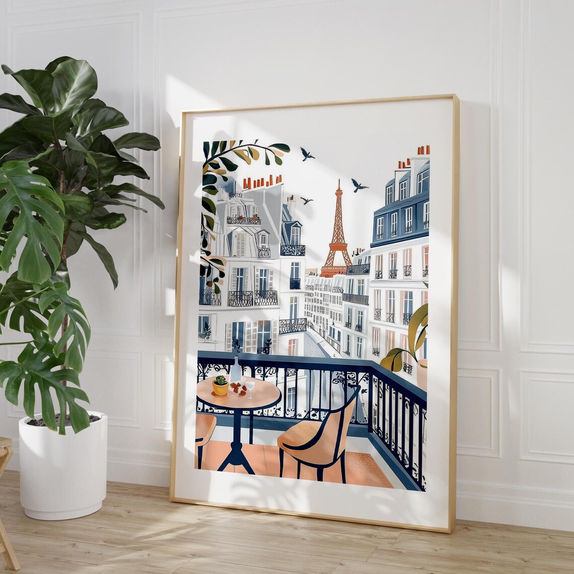 Paris Balcony Cafe View of the Eiffel Tower Watercolor Poster