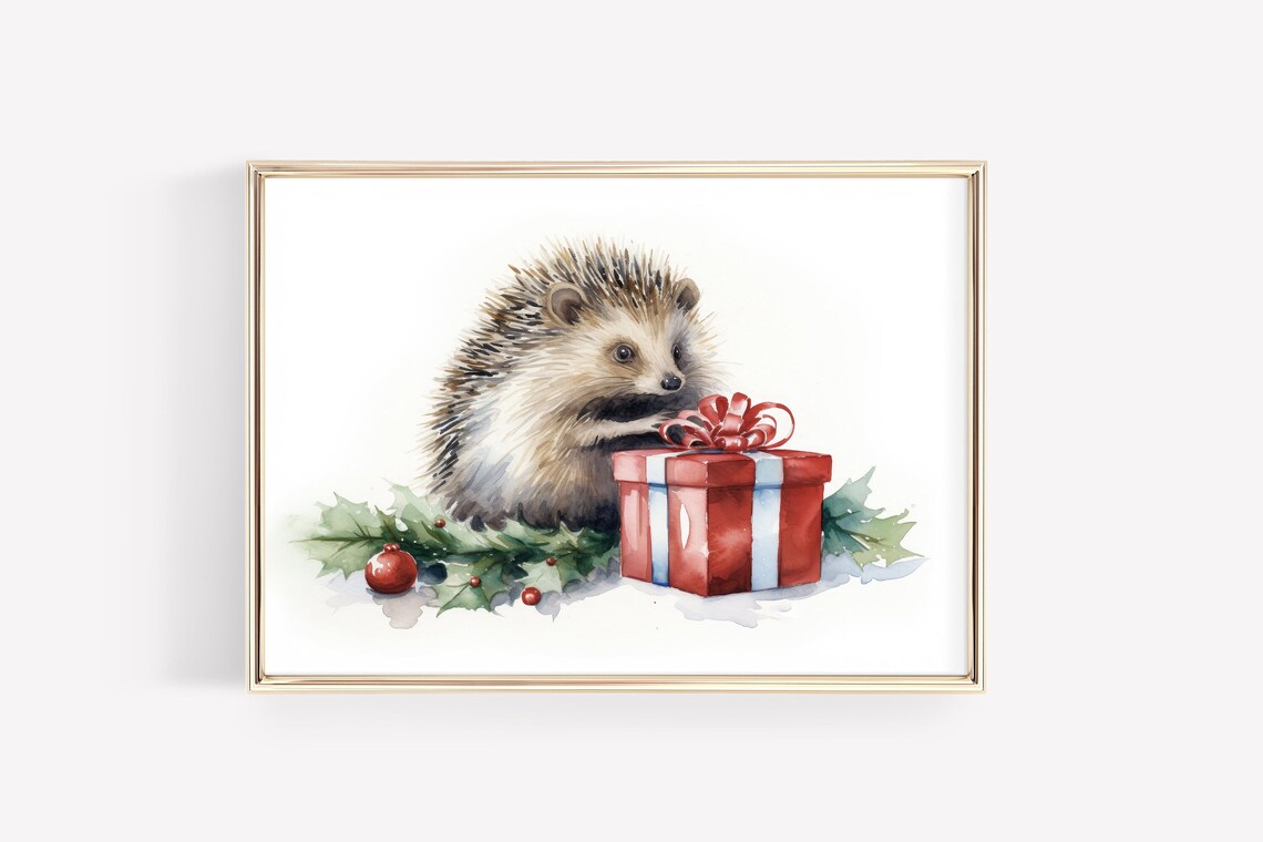 Cute Hedgehog with Red Christmas Gift Watercolor Holiday Art Poster - Image 4