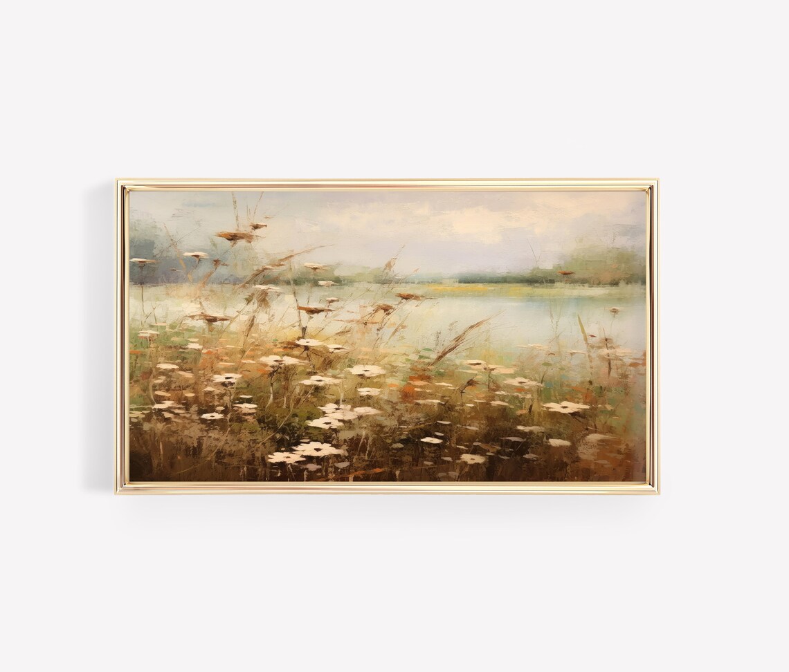 White Wildflowers Lakeshore Misty Impressionist Painting Wall Art - Image 3