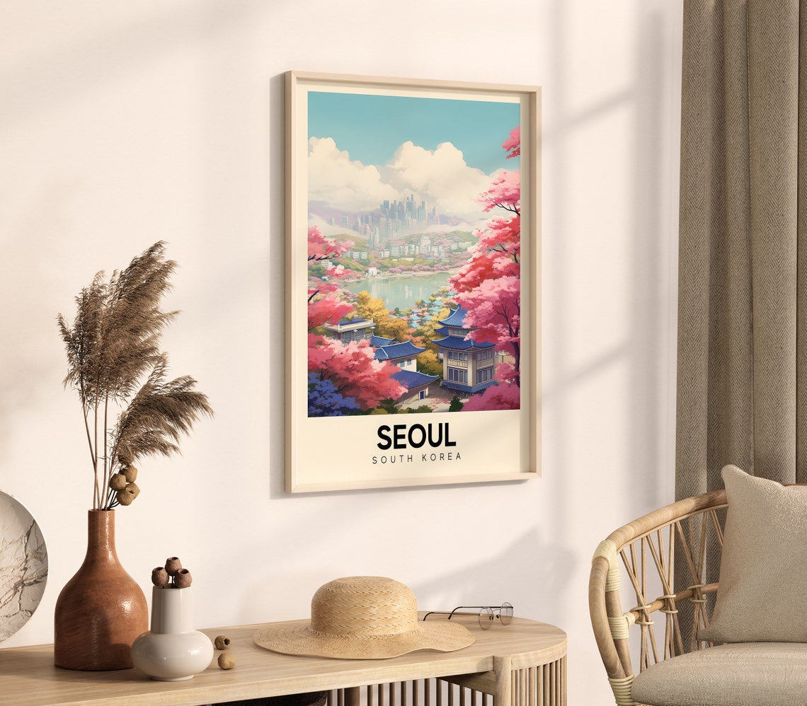 Seoul South Korea Spring Cherry Blossom Temple Lake Travel Poster - Image 4