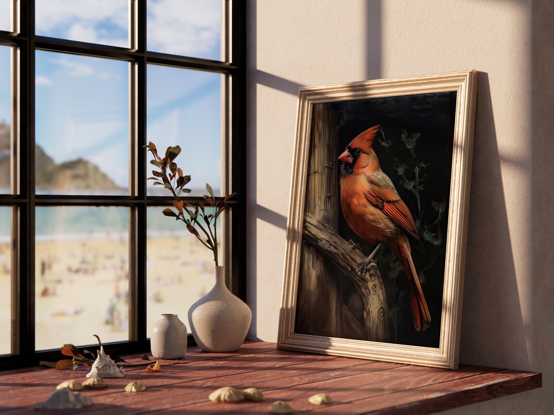 Vintage Northern Cardinal Oil Painting Red Bird Portrait Art Print - Image 4