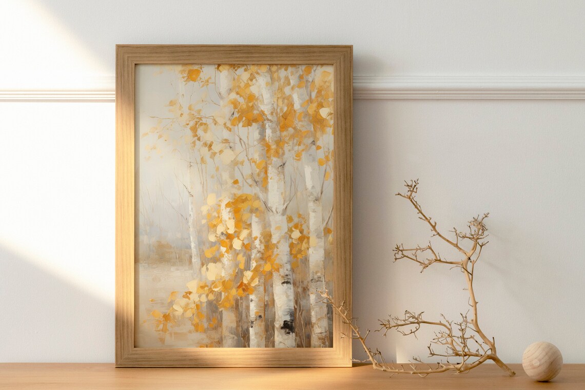 Tall Golden Birch Trees With Autumn Leaves Muted Nature Poster - Image 3