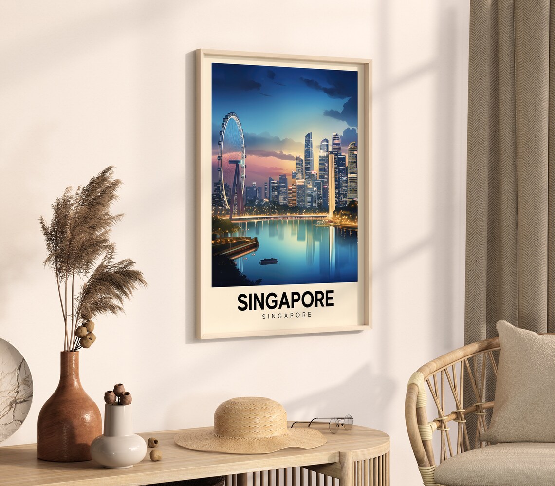 Singapore City Night Skyline Ferris Wheel Colorful Travel Poster - Image 4
