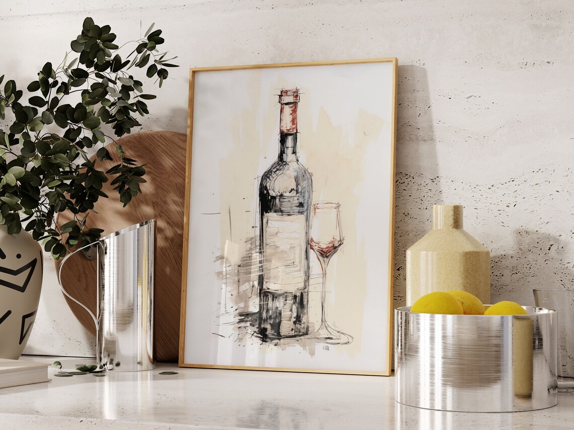 Wine Bottle Glass Ink Sketch Still Life Drawing Kitchen Wall Art - Image 4