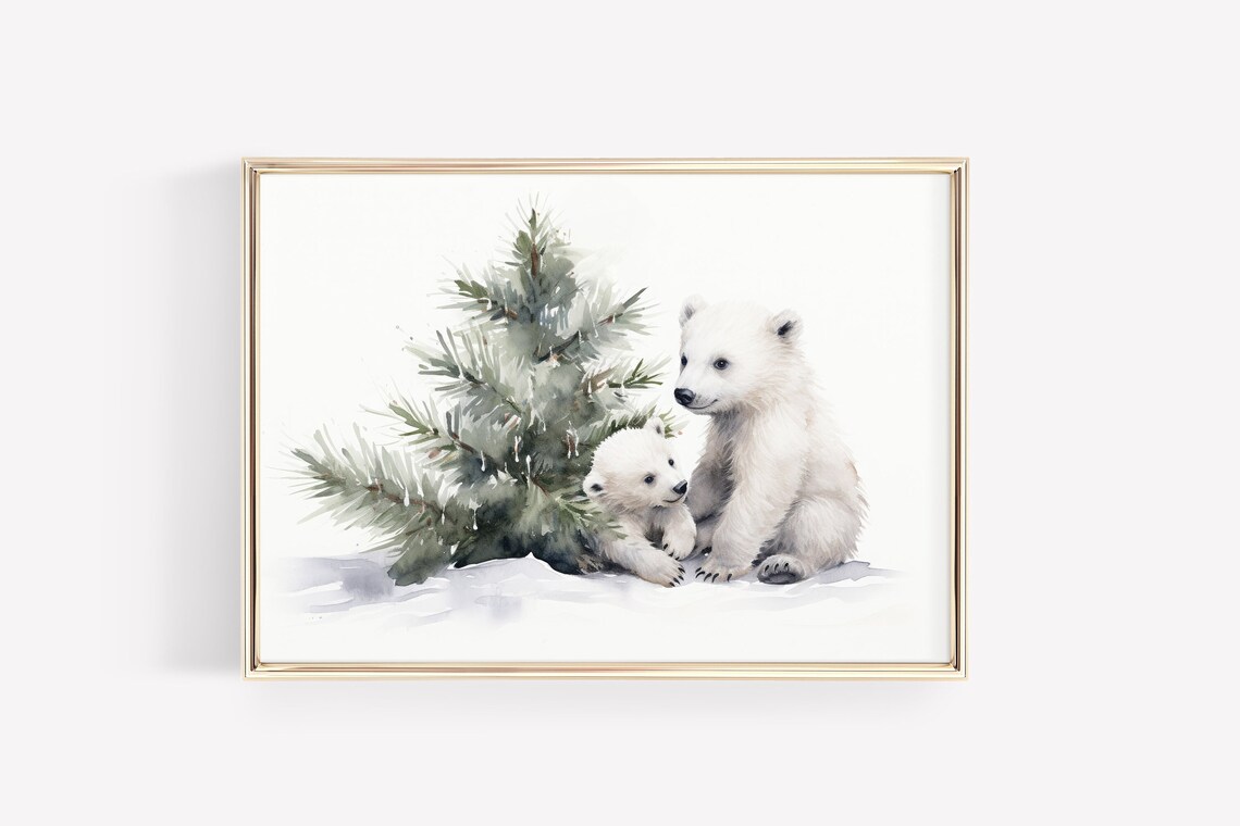 Cute Polar Bear Cubs Beside Pine Tree Watercolor Christmas Poster - Image 4