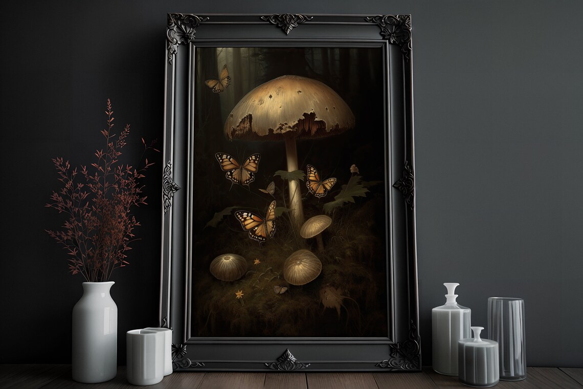 Giant Mushroom Monarch Butterflies Dark Forest Painting Poster - Image 4