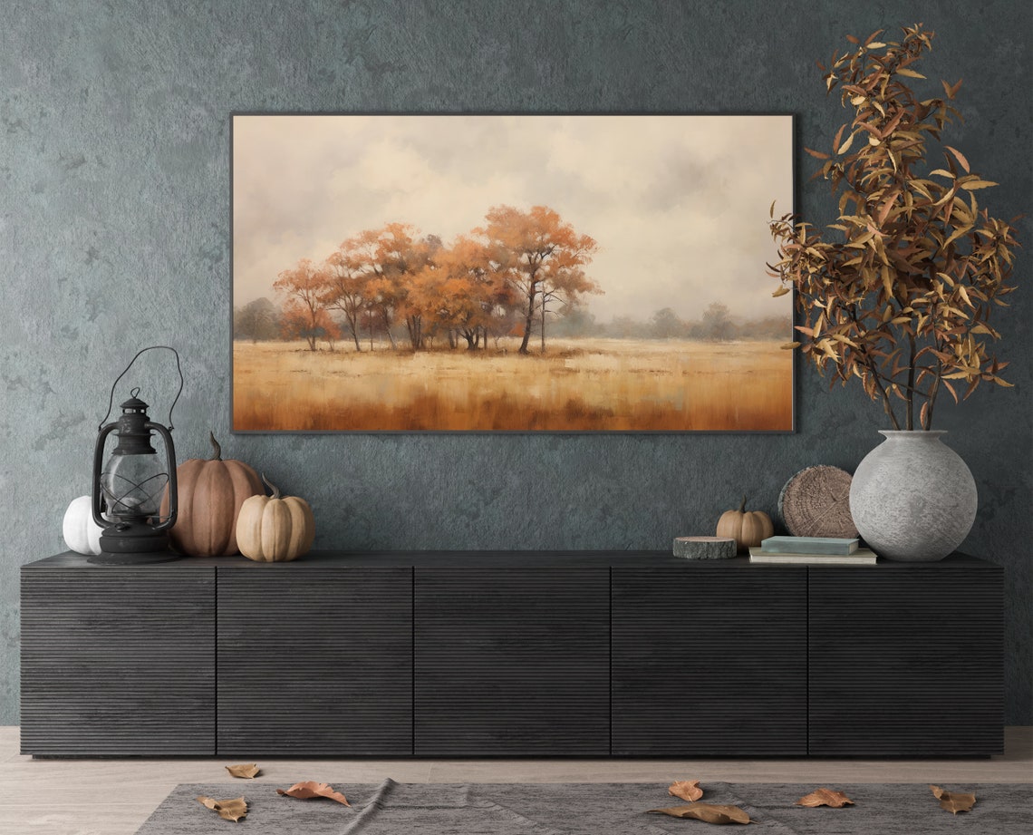 Rust Orange Trees in Misty Autumn Field Neutral Landscape Poster - Image 3