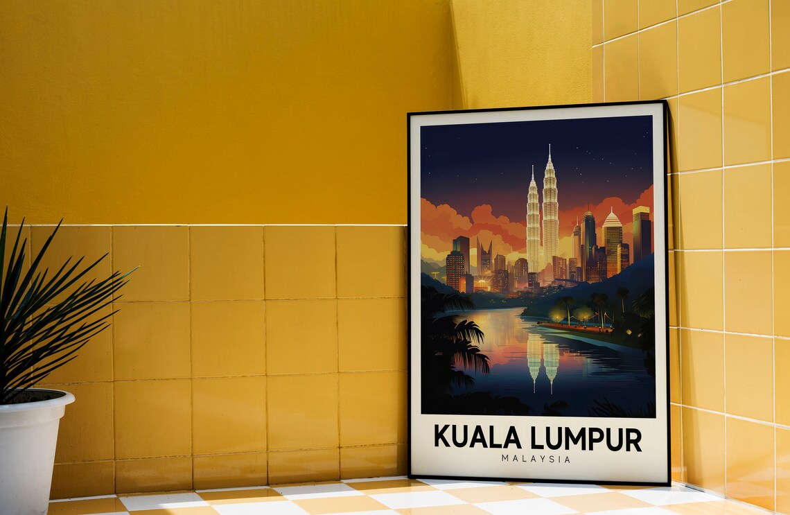 Kuala Lumpur Malaysia Night Skyline Twin Towers Travel Poster - Image 3