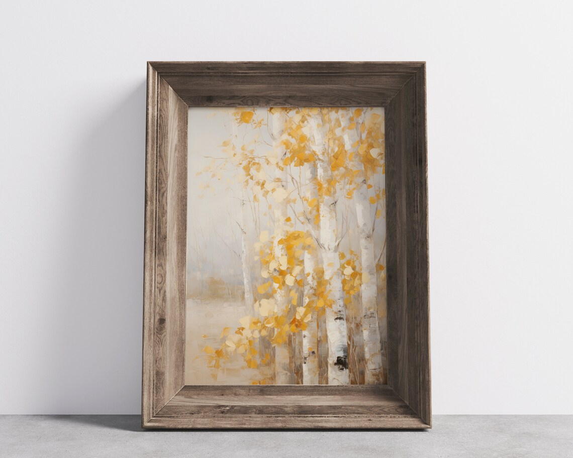 Tall Golden Birch Trees With Autumn Leaves Muted Nature Poster - Image 2